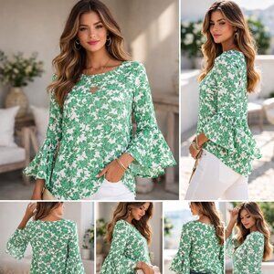 Calypso Green & White Floral Blouse with Trumpet Sleeves Women's - Size Medium